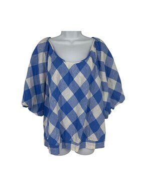 Lane Bryant Womens Blue & White Plaid Peasant Top Balloon Sleeves Size 22